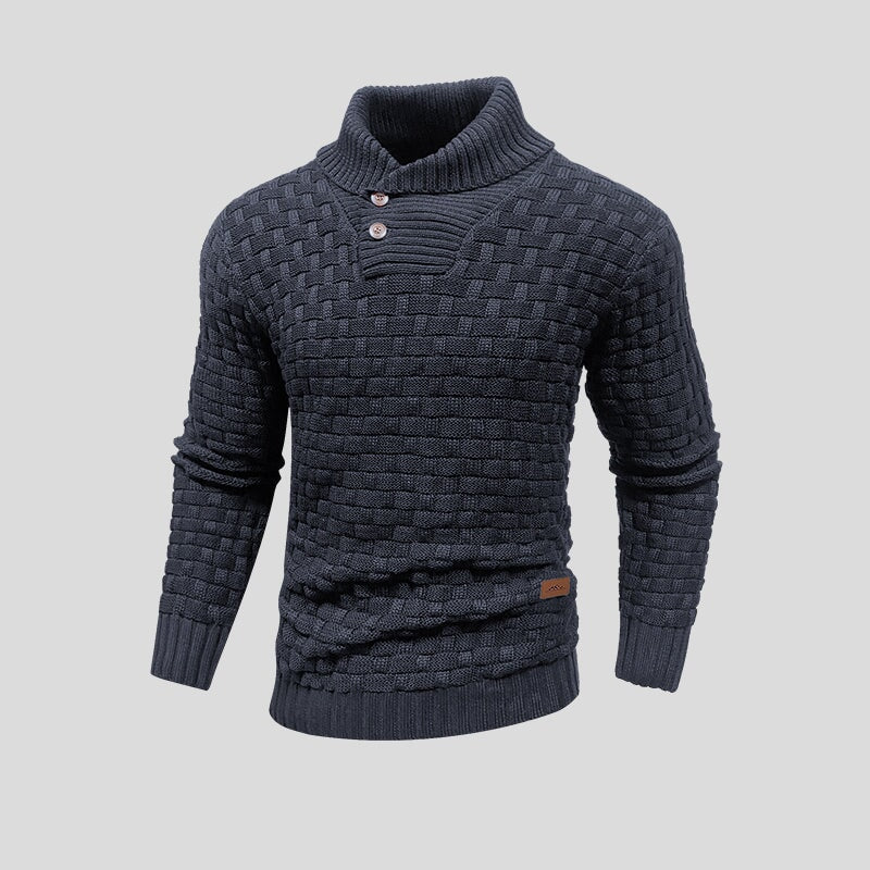 Men's Knitted Sweater – Woolmix – Shawl Collar with Buttons – Ribbed Edging – Textured Pattern - Image 5