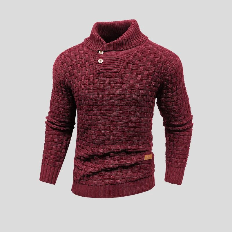Men's Knitted Sweater – Woolmix – Shawl Collar with Buttons – Ribbed Edging – Textured Pattern - Image 7
