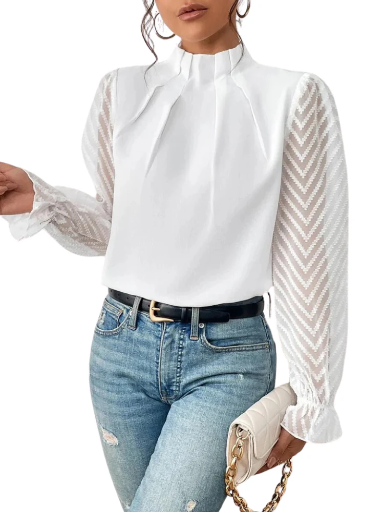 Ladies Blouse - High Ruffled Collar - Pleated Front - Transparent Chevron Sleeves - Image 2