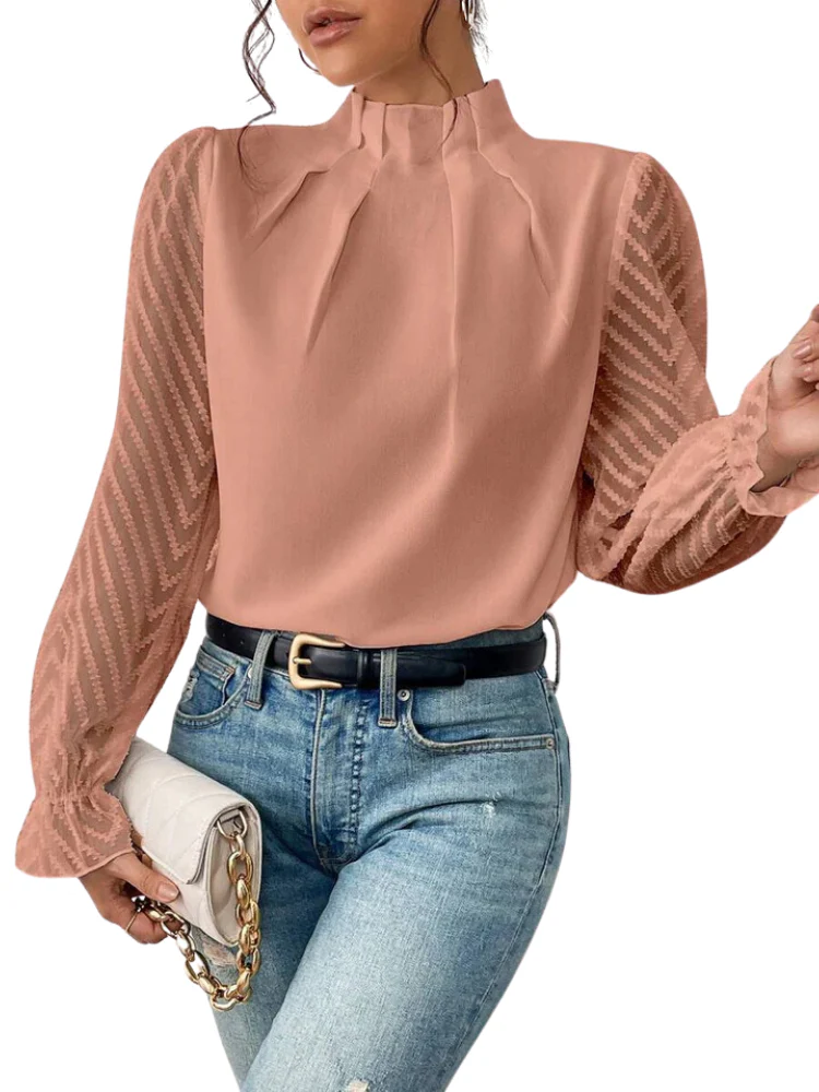 Ladies Blouse - High Ruffled Collar - Pleated Front - Transparent Chevron Sleeves - Image 3