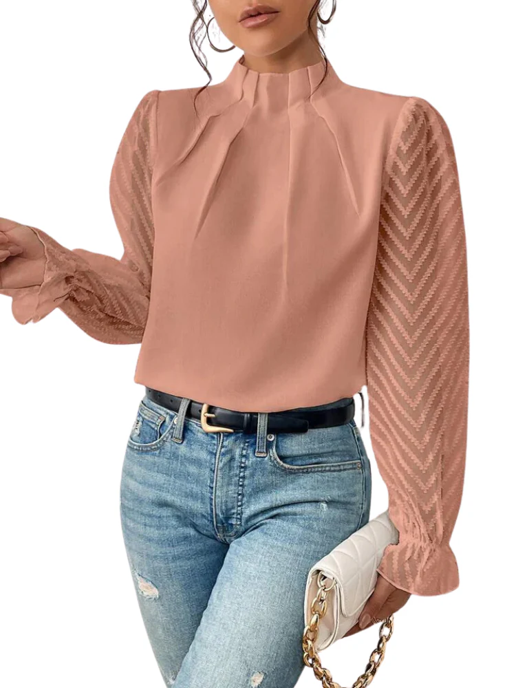 Ladies Blouse - High Ruffled Collar - Pleated Front - Transparent Chevron Sleeves - Image 4