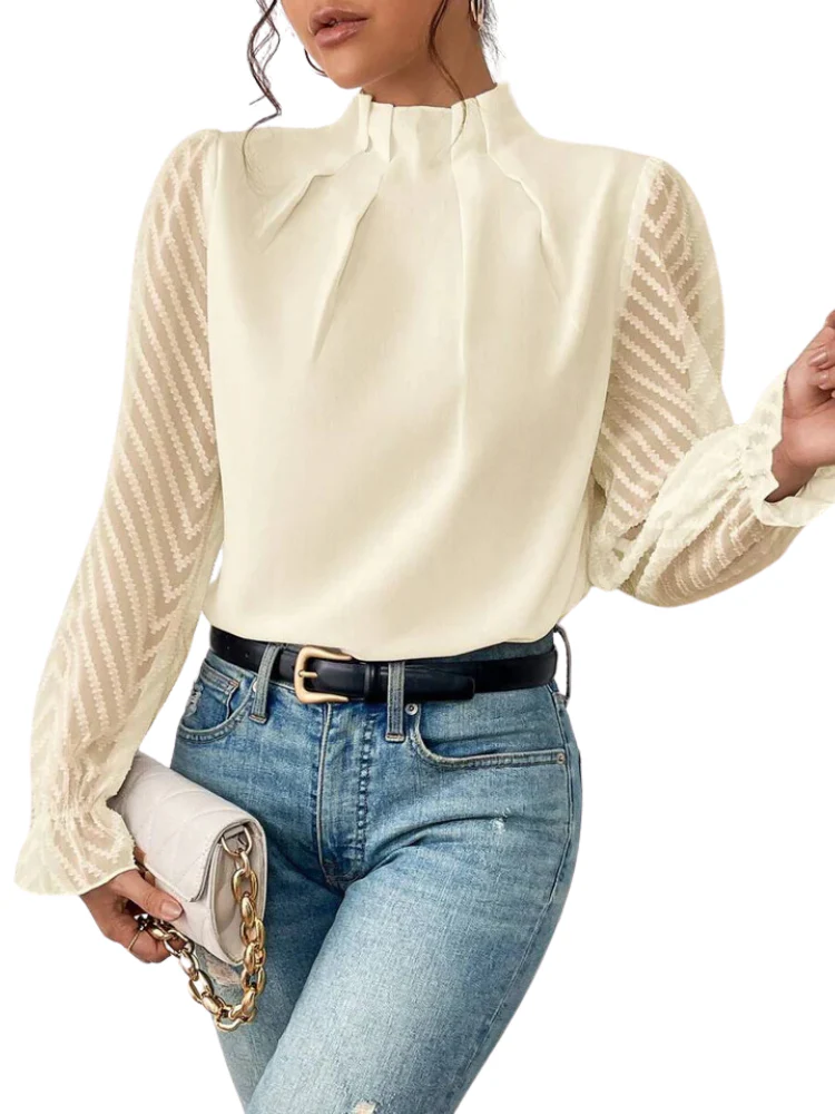 Ladies Blouse - High Ruffled Collar - Pleated Front - Transparent Chevron Sleeves - Image 5