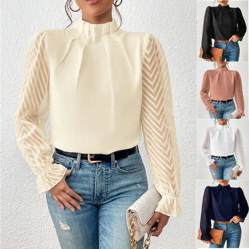 Ladies Blouse - High Ruffled Collar - Pleated Front - Transparent Chevron Sleeves - Image 7