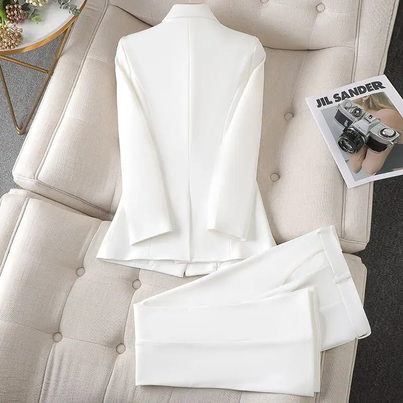 Women's Trouser Suit - Tailored Blazer Double Breasted - Straight Trousers - Elegant Look - Image 2