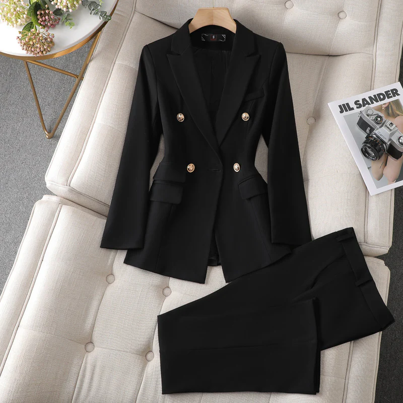 Women's Trouser Suit - Tailored Blazer Double Breasted - Straight Trousers - Elegant Look - Image 3