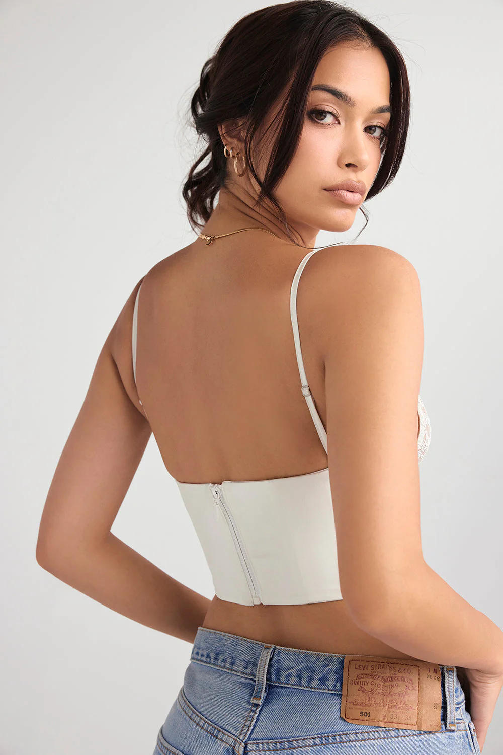 Elegant Ivory Satin Corset Top with Lace Details - Image 2