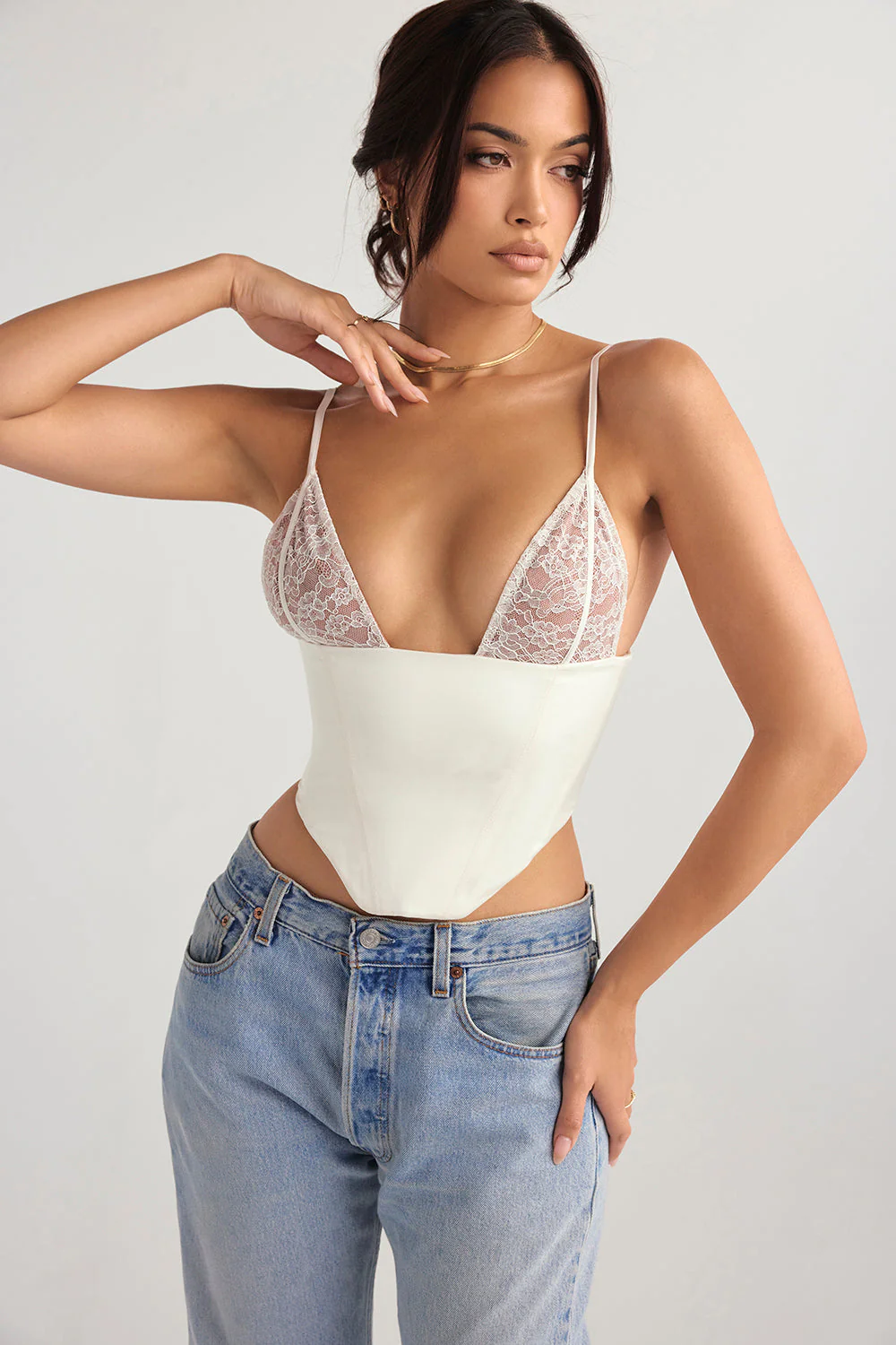 Elegant Ivory Satin Corset Top with Lace Details - Image 3