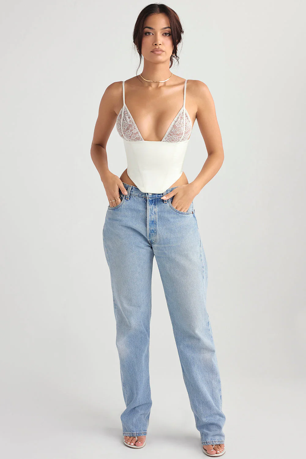 Elegant Ivory Satin Corset Top with Lace Details - Image 7