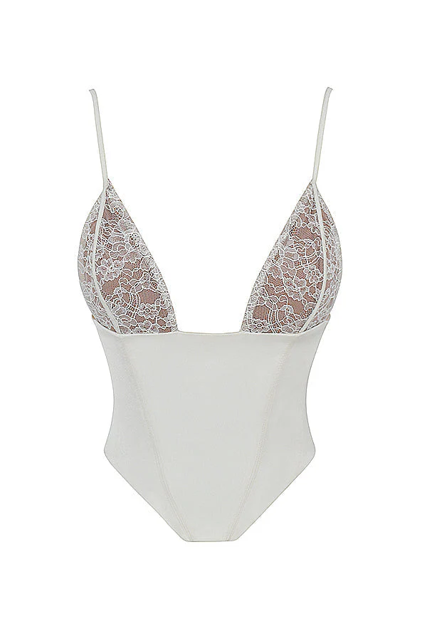 Elegant Ivory Satin Corset Top with Lace Details - Image 8