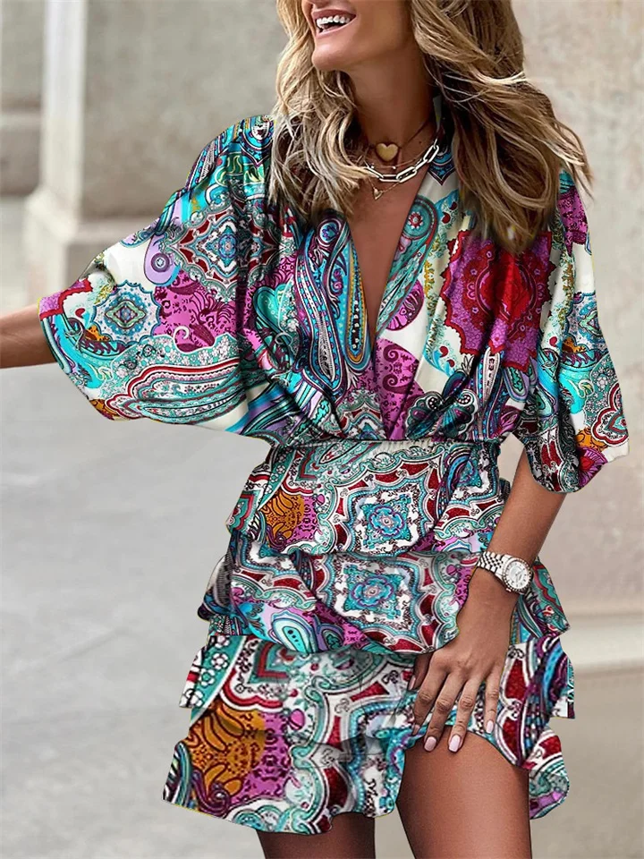 Women's Dress – V-Neck – Floral Print – Ruffles – Batwing Sleeve – Elastic Waist - Image 2