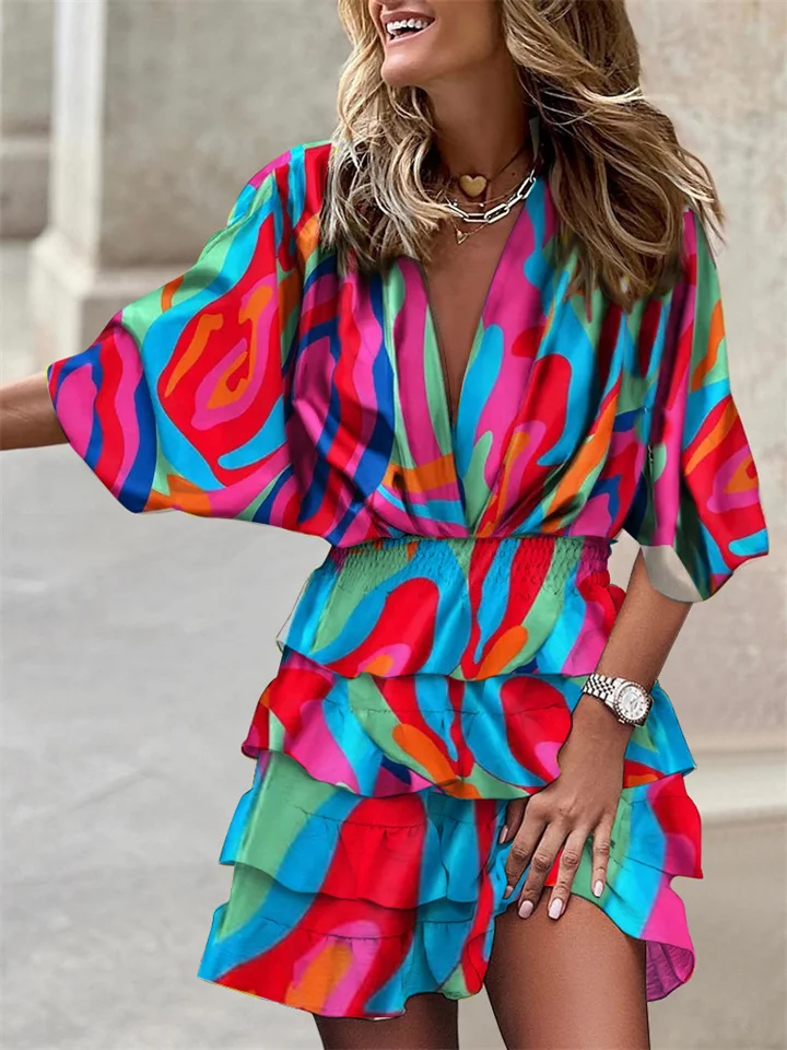 Women's Dress – V-Neck – Floral Print – Ruffles – Batwing Sleeve – Elastic Waist - Image 7