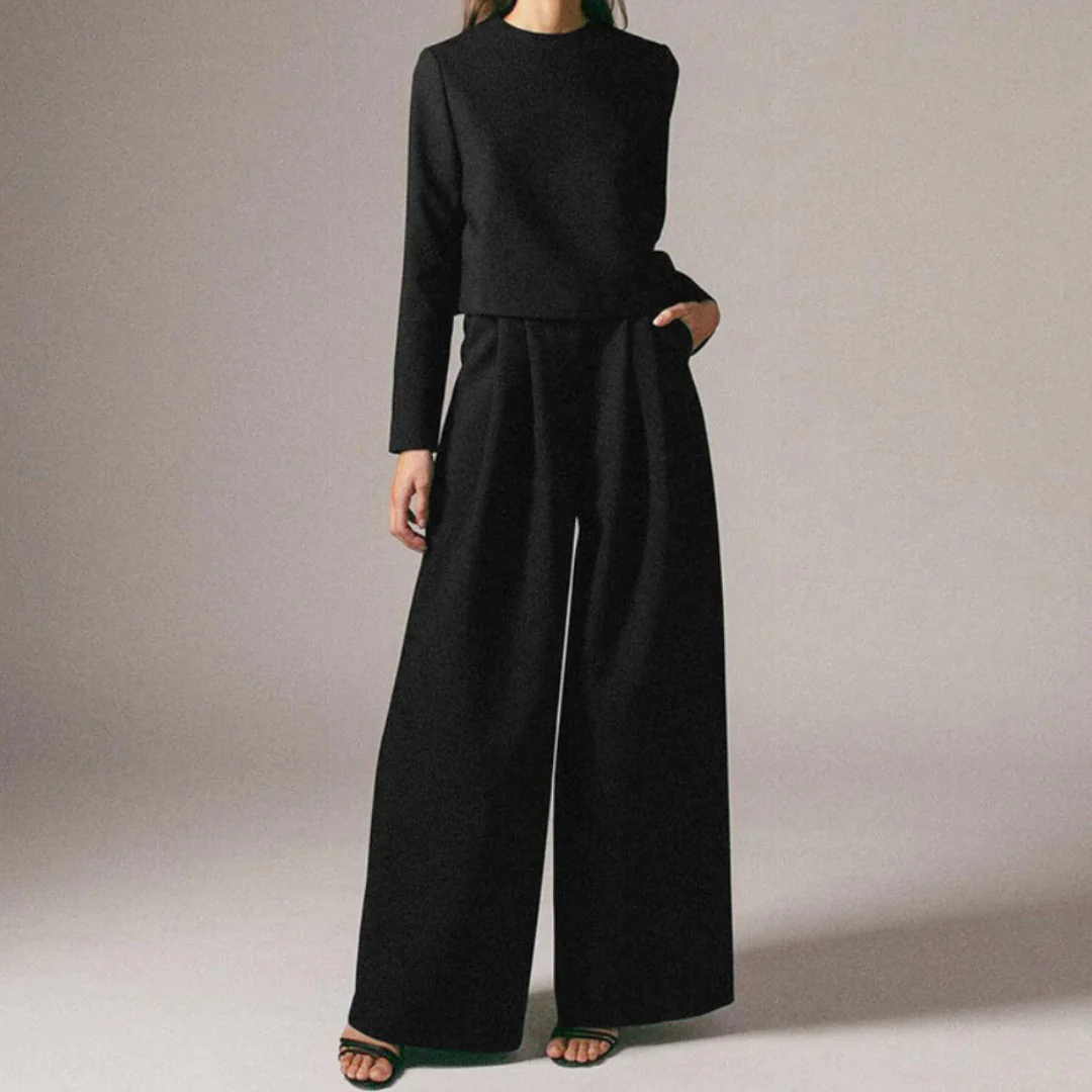 Elegant Cropped Long Sleeve And Wide Leg Pants Set For Women - Image 2