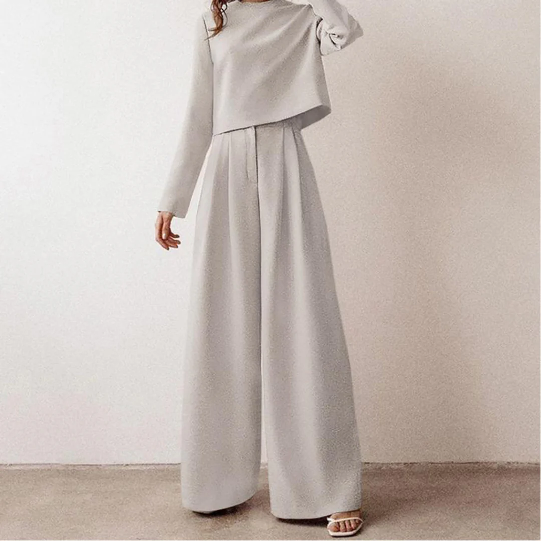 Elegant Cropped Long Sleeve And Wide Leg Pants Set For Women - Image 3