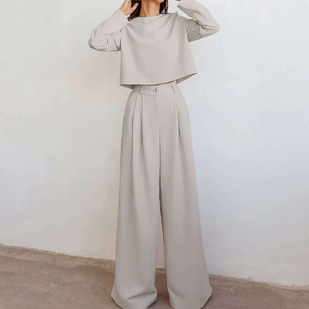 Elegant Cropped Long Sleeve And Wide Leg Pants Set For Women - Image 4