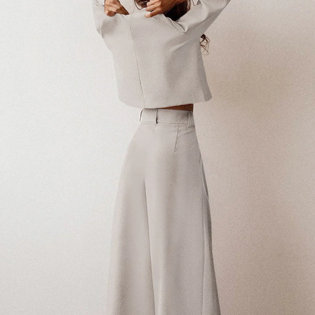 Elegant Cropped Long Sleeve And Wide Leg Pants Set For Women - Image 5