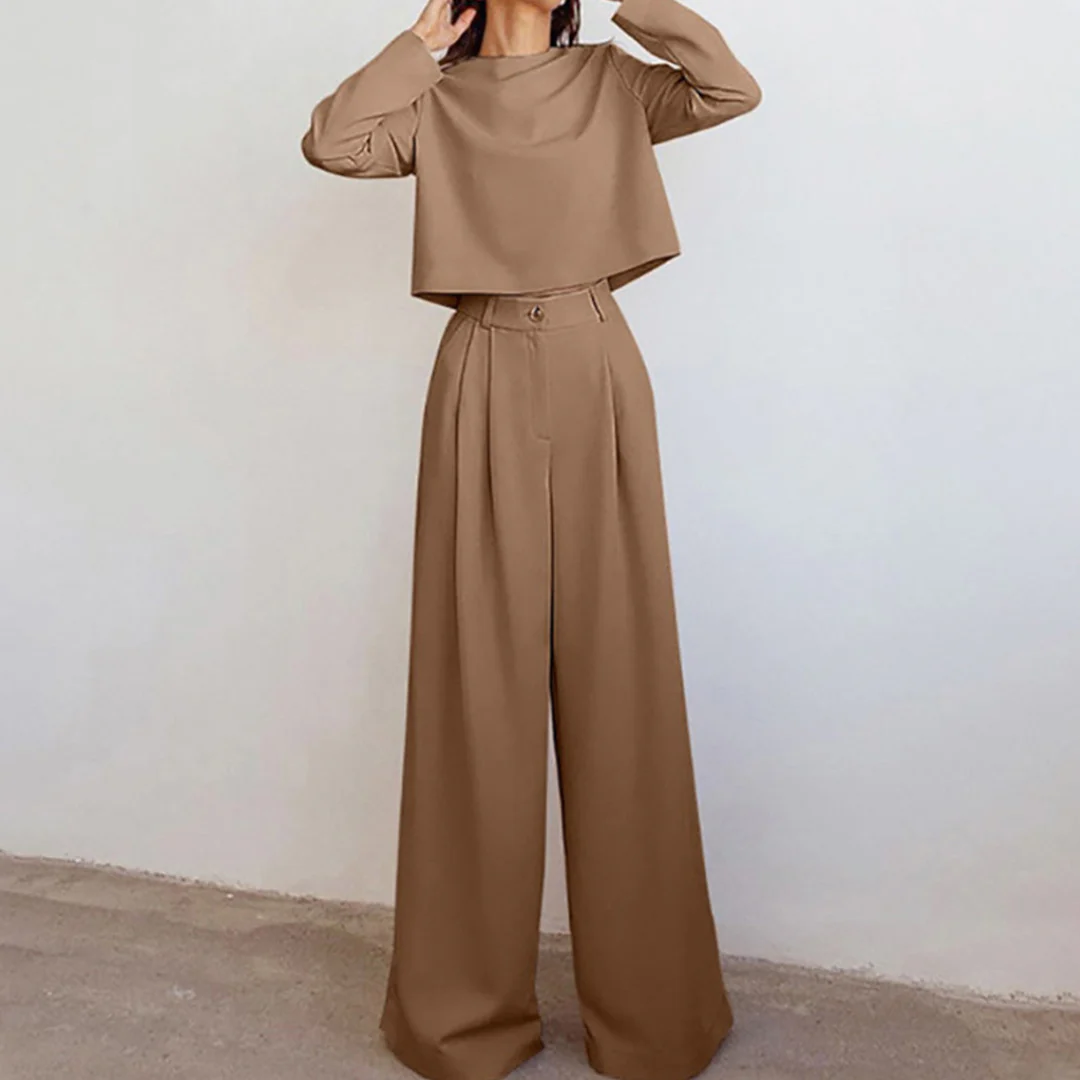 Elegant Cropped Long Sleeve And Wide Leg Pants Set For Women - Image 6