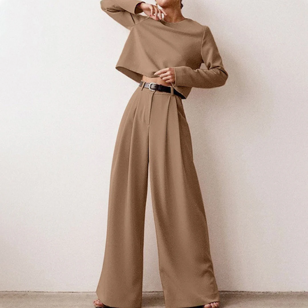 Elegant Cropped Long Sleeve And Wide Leg Pants Set For Women - Image 8