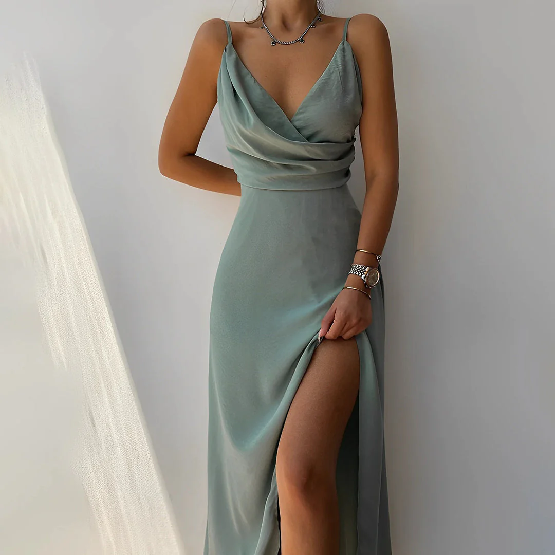 Ladies Dress - Sleeveless Wrap Design - Slim Fit - Deep V-neck - High Split Eveningwear - Image 3