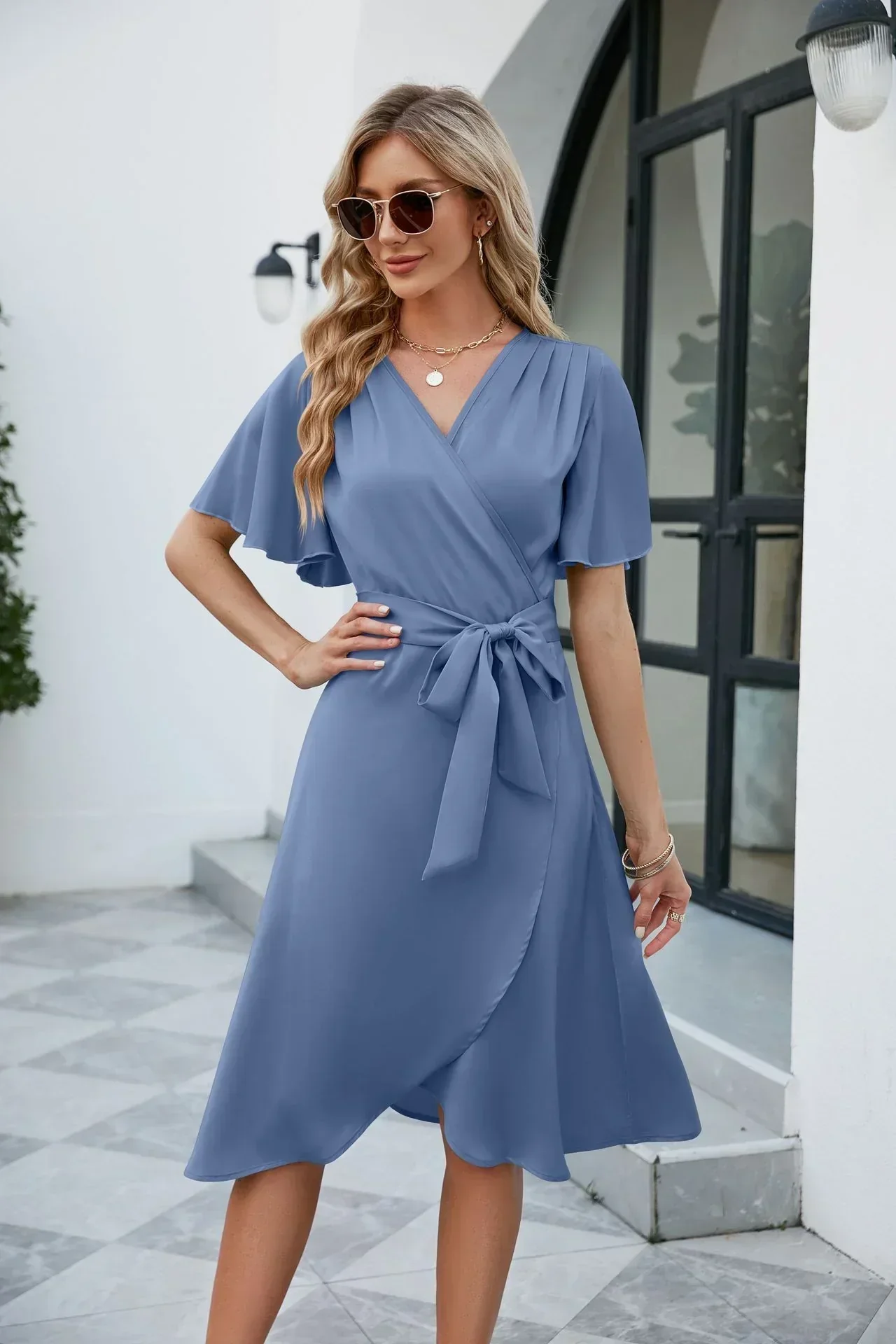 Elegant Wrap Dress with Bow Detail - Image 4
