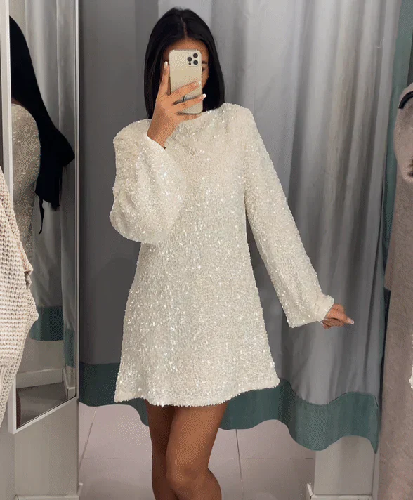 Women's Dress - Short Straight Model - Long Sleeves - Open Back with Bow - Shiny Details - Image 3