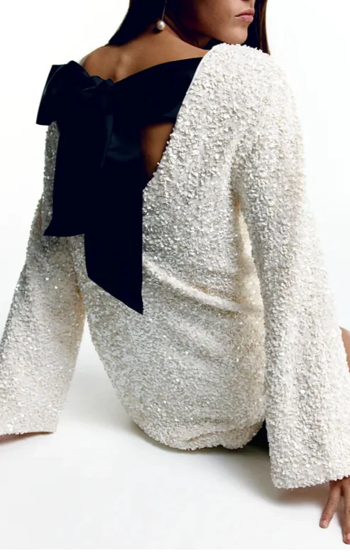 Women's Dress - Short Straight Model - Long Sleeves - Open Back with Bow - Shiny Details - Image 4