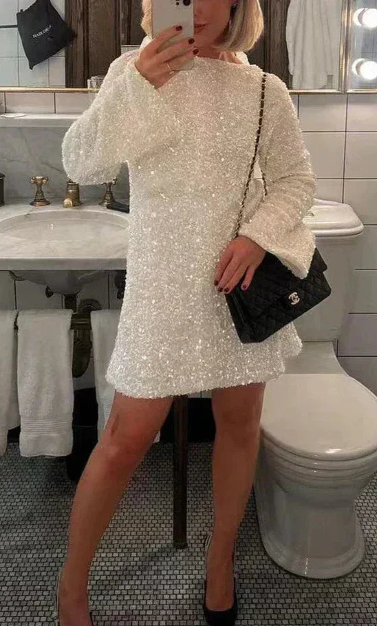 Women's Dress - Short Straight Model - Long Sleeves - Open Back with Bow - Shiny Details - Image 6
