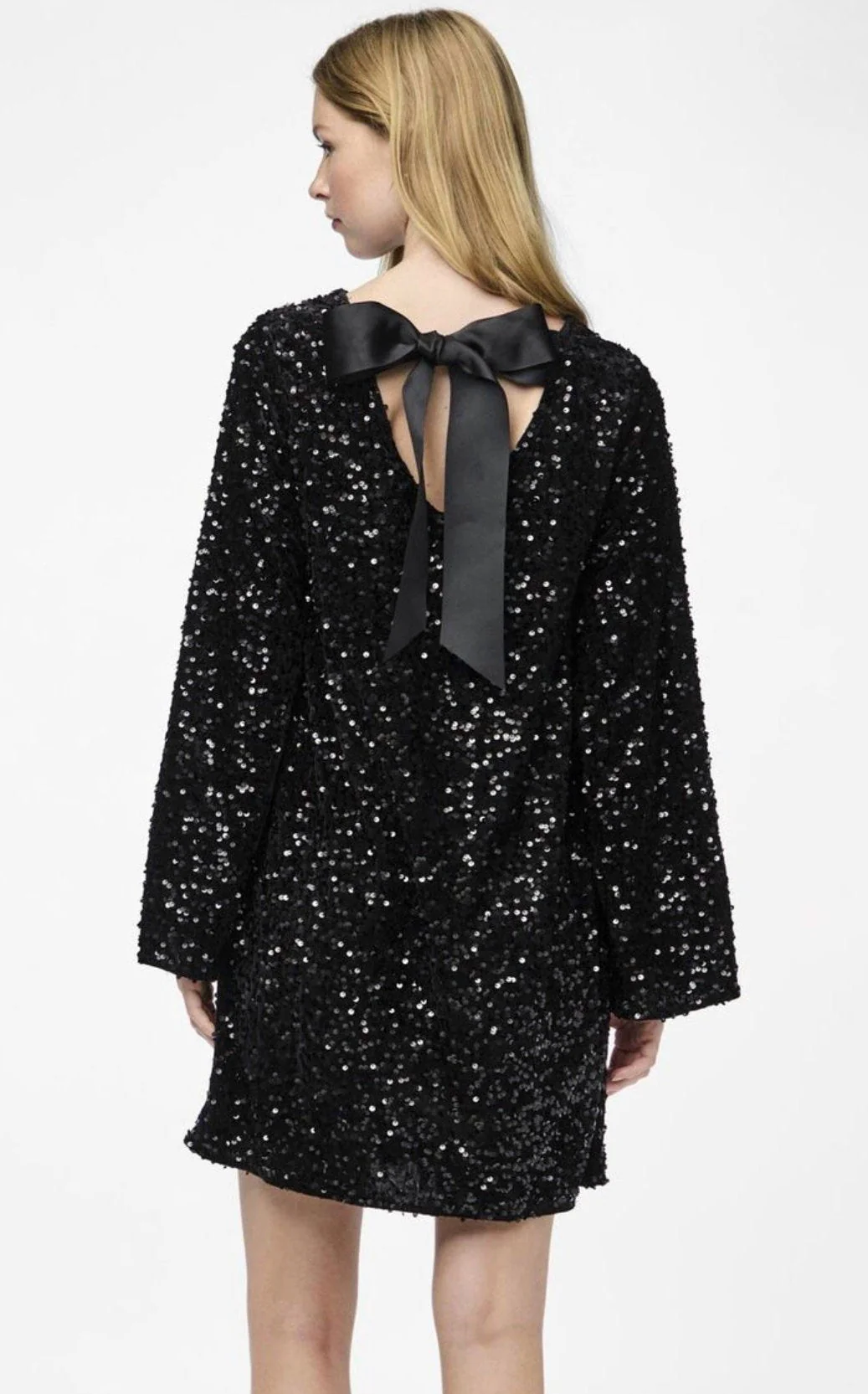 Women's Dress - Short Straight Model - Long Sleeves - Open Back with Bow - Shiny Details - Image 7