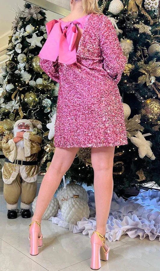 Women's Dress - Short Straight Model - Long Sleeves - Open Back with Bow - Shiny Details - Image 8