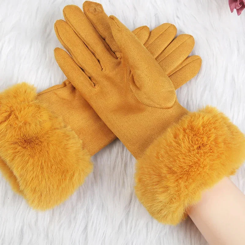 Elisa Wrist-Length Gloves | Solid Pattern Fur Trim Gloves - Image 2
