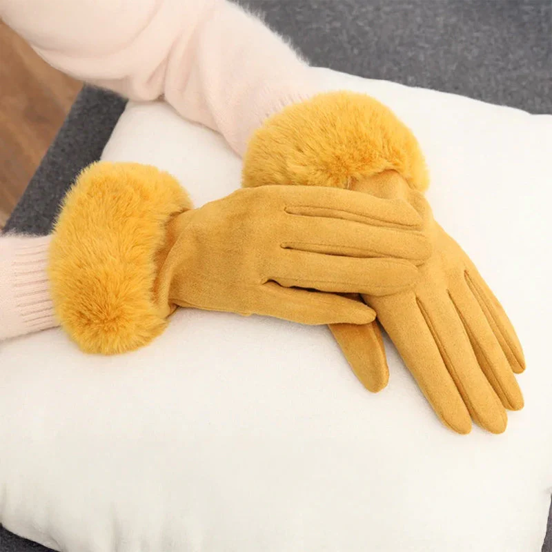 Elisa Wrist-Length Gloves | Solid Pattern Fur Trim Gloves - Image 3