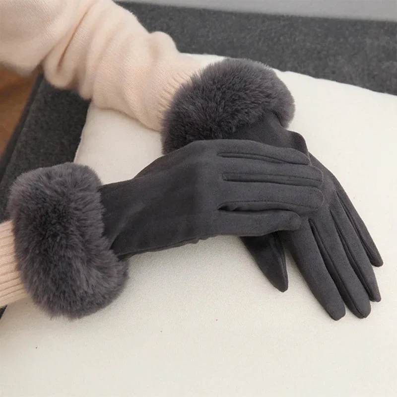 Elisa Wrist-Length Gloves | Solid Pattern Fur Trim Gloves - Image 4