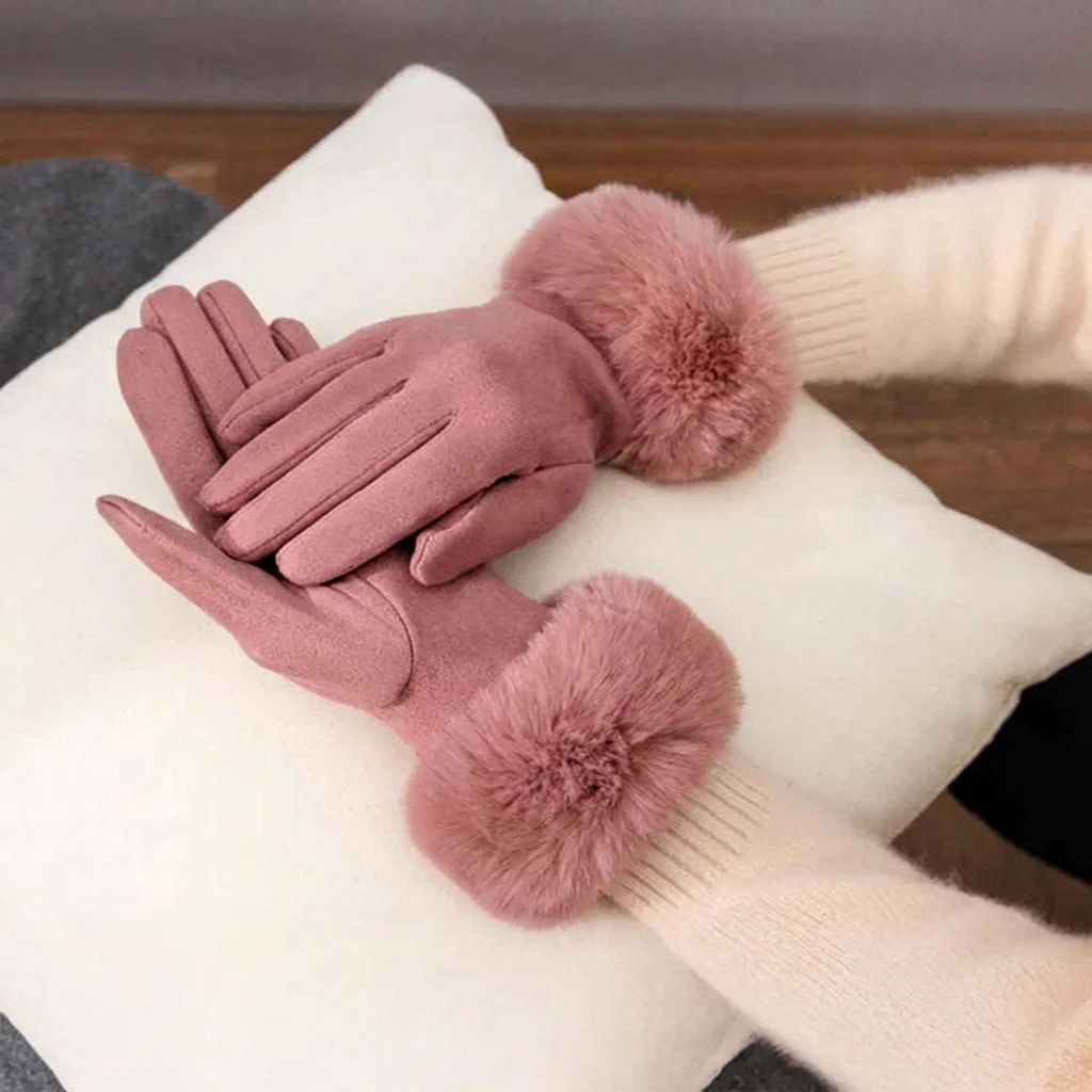 Elisa Wrist-Length Gloves | Solid Pattern Fur Trim Gloves - Image 5