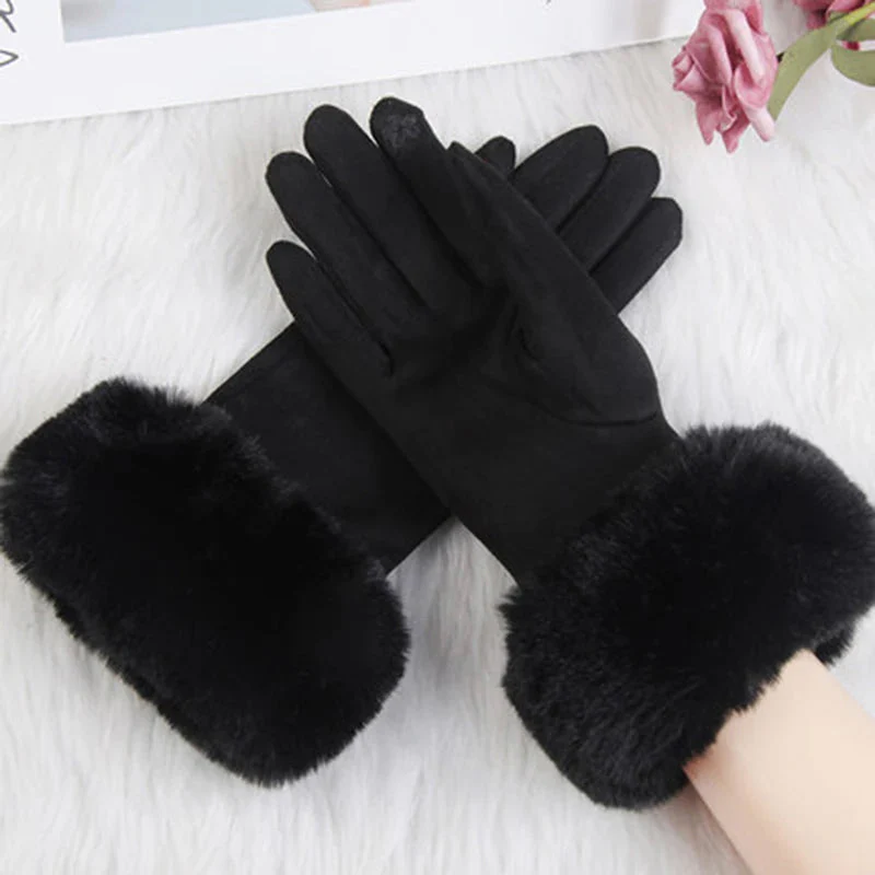 Elisa Wrist-Length Gloves | Solid Pattern Fur Trim Gloves - Image 7