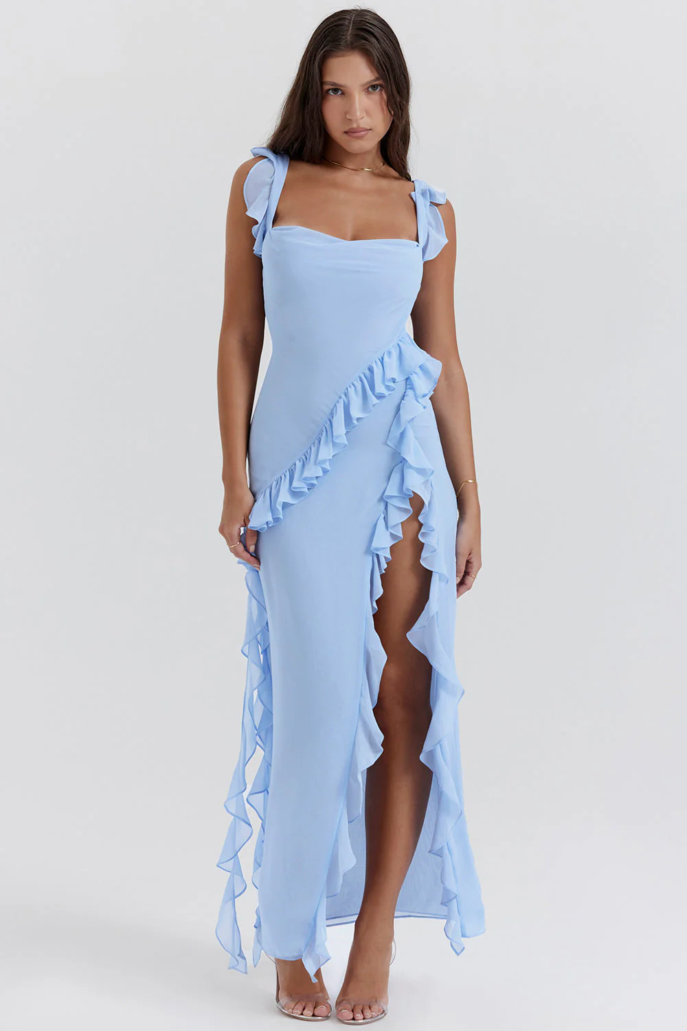 Ladies Evening Dress - One Shoulder - Ruffles - Fitted Model - High Slit Elegant Look - Image 3