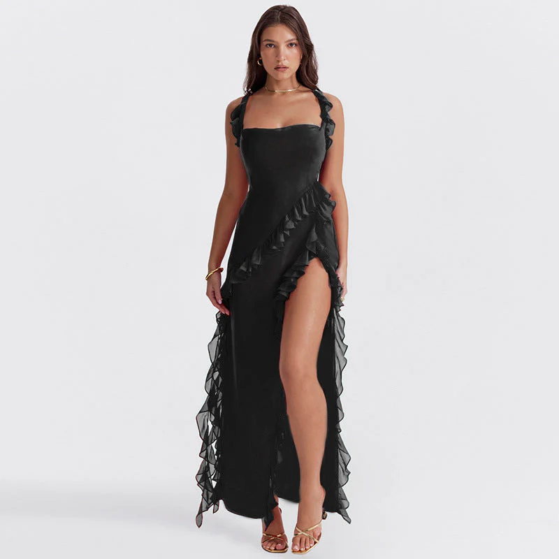 Ladies Evening Dress - One Shoulder - Ruffles - Fitted Model - High Slit Elegant Look - Image 4