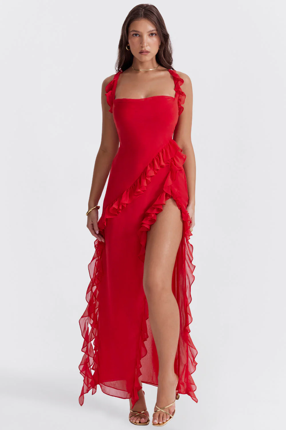 Ladies Evening Dress - One Shoulder - Ruffles - Fitted Model - High Slit Elegant Look - Image 6