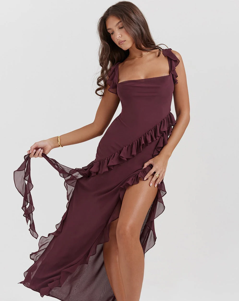 Ladies Evening Dress - One Shoulder - Ruffles - Fitted Model - High Slit Elegant Look - Image 8