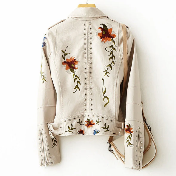 Ladies Biker Jacket - Fitted Model - Embroidered - Stud Details - Asymmetrical Zipper - Image 2