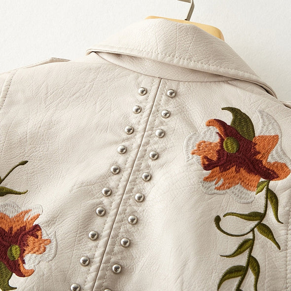 Ladies Biker Jacket - Fitted Model - Embroidered - Stud Details - Asymmetrical Zipper - Image 4