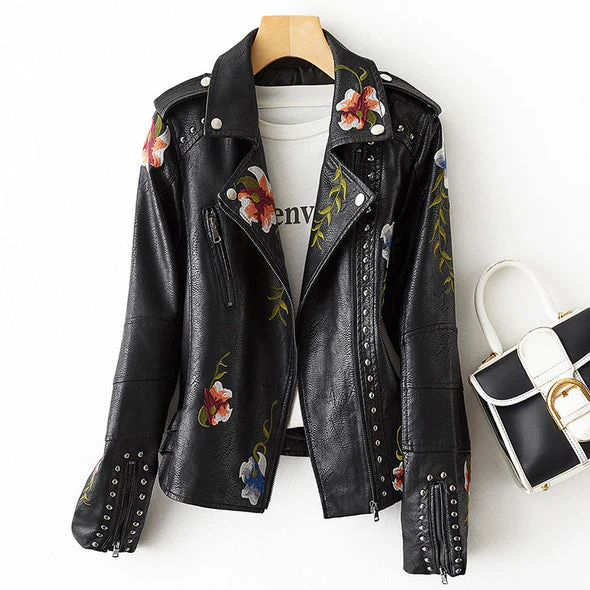Ladies Biker Jacket - Fitted Model - Embroidered - Stud Details - Asymmetrical Zipper - Image 5