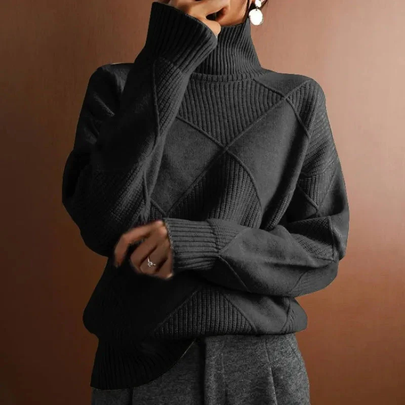 Women's Turtleneck – Oversized Fit – Ribbed Hem – Textured Design – Comfortably Warm - Image 3