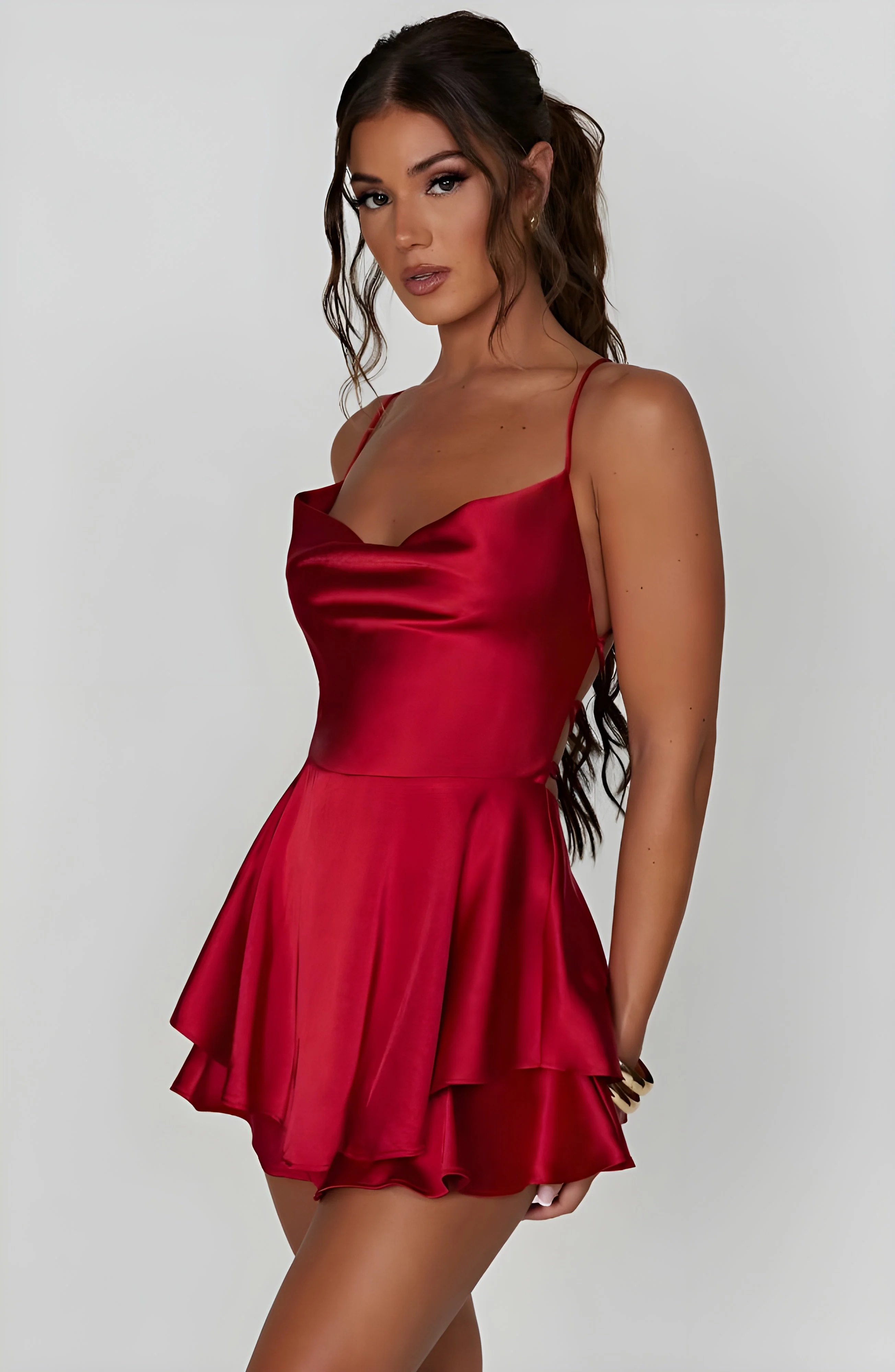 Ladies Mini Dress – Satin Look – A-Line – Cowl Neckline – Spaghetti Straps – Party Wear - Image 3