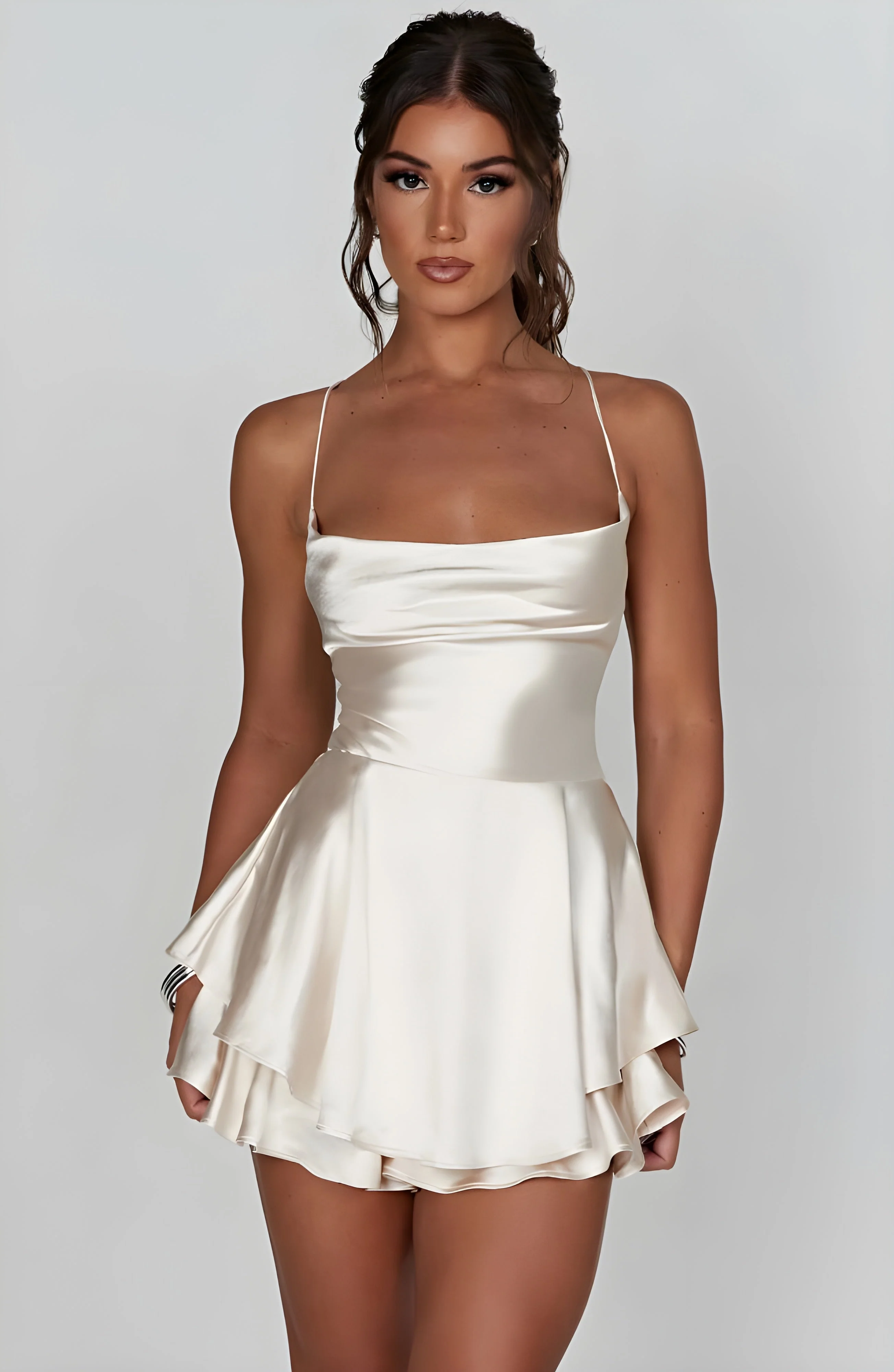 Ladies Mini Dress – Satin Look – A-Line – Cowl Neckline – Spaghetti Straps – Party Wear - Image 4