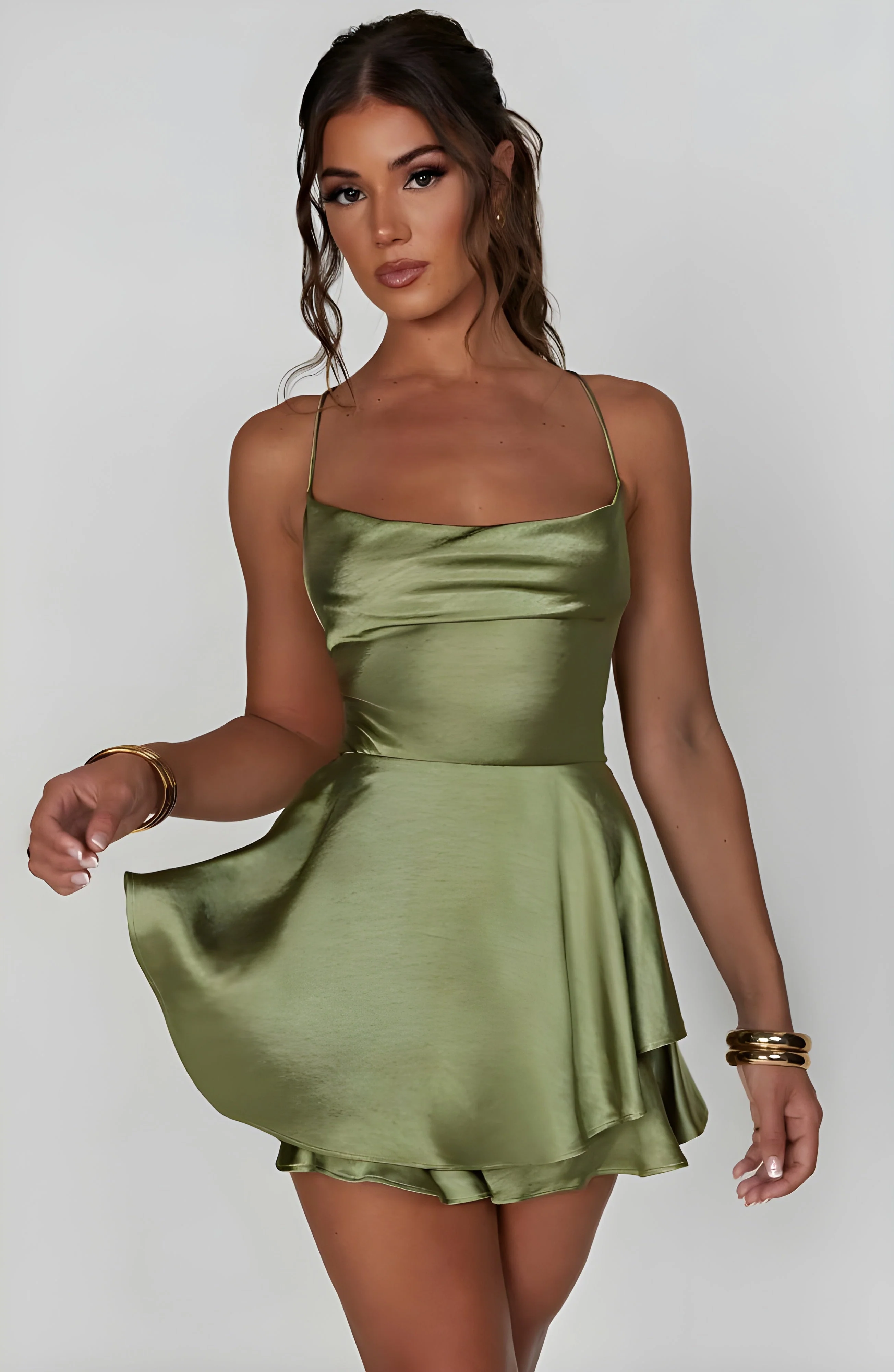 Ladies Mini Dress – Satin Look – A-Line – Cowl Neckline – Spaghetti Straps – Party Wear - Image 7