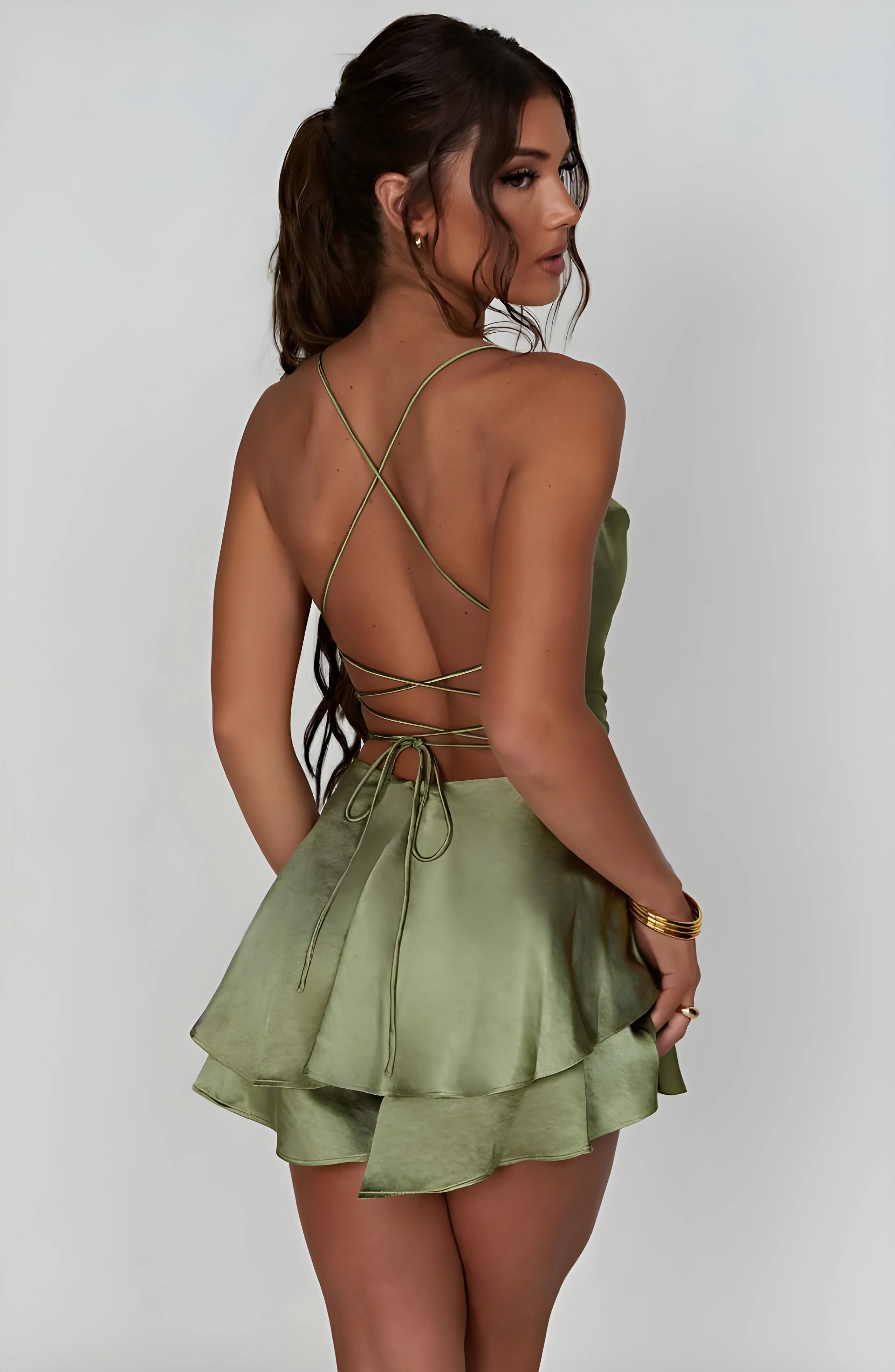 Ladies Mini Dress – Satin Look – A-Line – Cowl Neckline – Spaghetti Straps – Party Wear - Image 8
