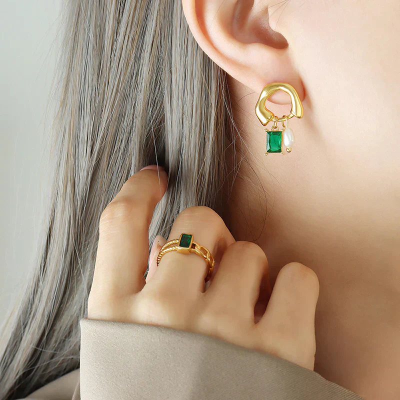 Esmeralda | Geometric Emerald Earrings with Pearl Detail
