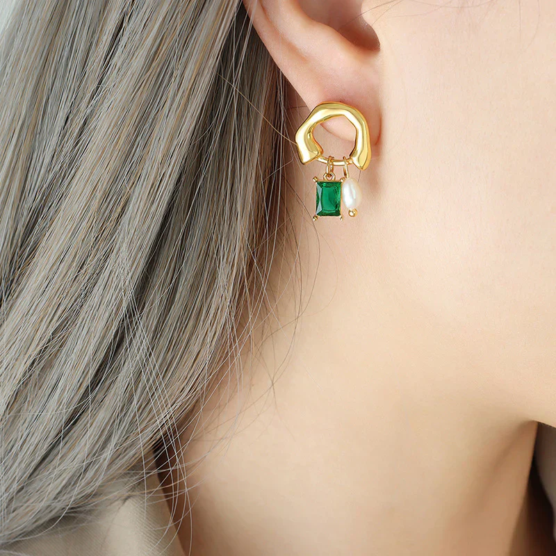 Esmeralda | Geometric Emerald Earrings with Pearl Detail - Image 2