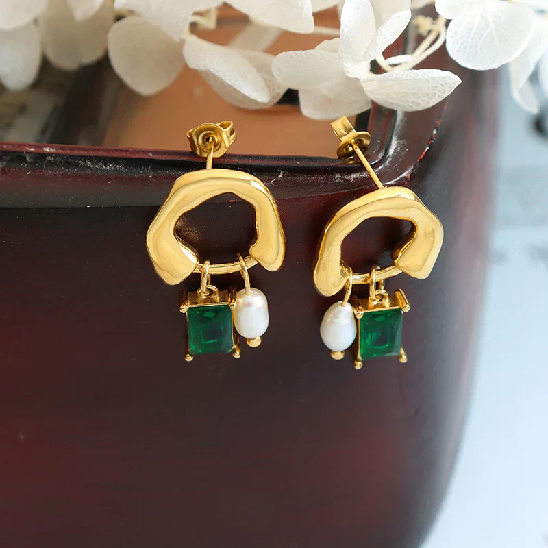 Esmeralda | Geometric Emerald Earrings with Pearl Detail - Image 5