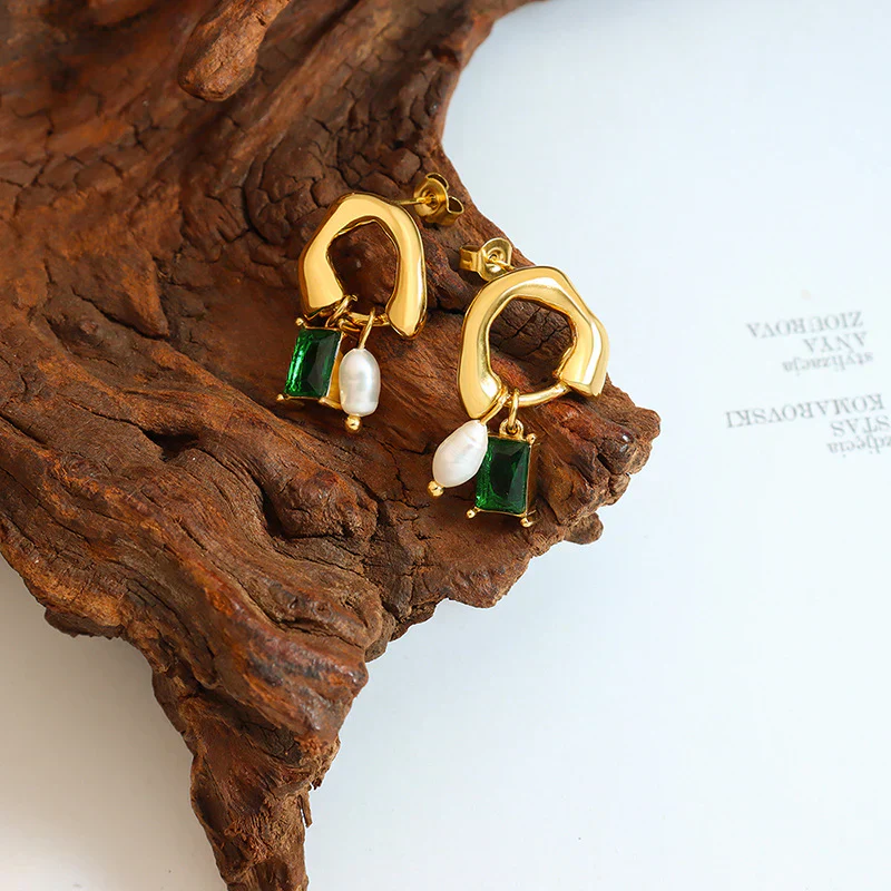 Esmeralda | Geometric Emerald Earrings with Pearl Detail - Image 6