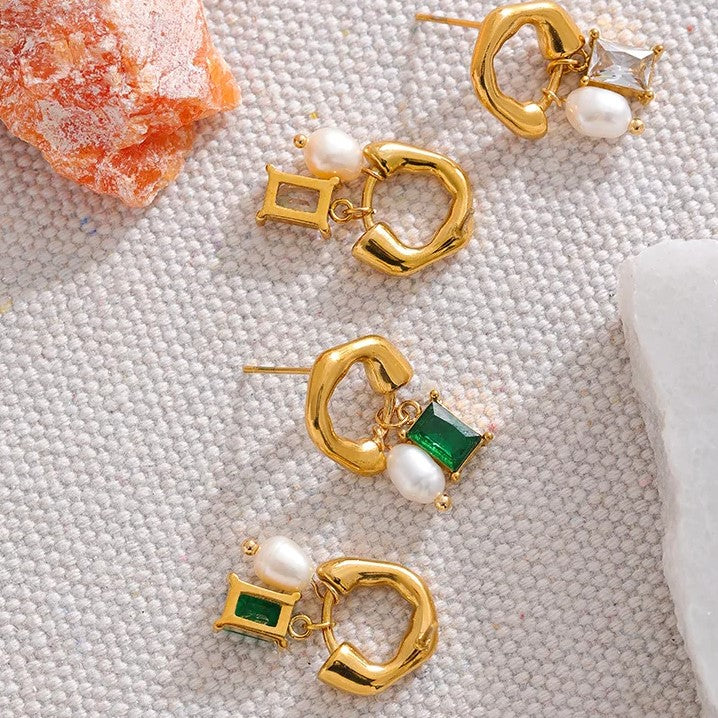 Esmeralda | Geometric Emerald Earrings with Pearl Detail - Image 9